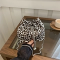 Bucket chain bag in leopard print canvas with drawstring pearls and silver strap - White