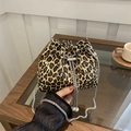 Leopard print bucket bag with silver chain strap and pearl drawstring detail - Khaki