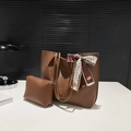 Brown PU leather tote bag set with matching small pouch and printed decorative scarf - Brown