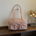 Borsa tote rosa in ecopelle lucida con tasche con fiocco e manici lunghi a spalla - Rosa