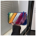 Detailed close-up of metallic rainbow striped PU leather and silver chain strap on a small bag - Blue