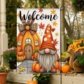 Double-sided garden flag featuring an autumn gnome and pumpkin house for yard decor - Gnome Pumpkin House Welcome Style (FGF007)