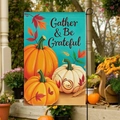 Fall garden flag featuring pumpkins and maple leaves with Gather and Be Grateful text - Gather Be Grateful Three Pumpkins Teal Style (FGF046)