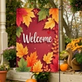 Welcome garden flag with maple leaf pattern and dark red background on a metal stand - Welcome Maple Leaves Red Background Style (FGF047)
