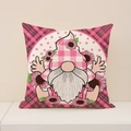 Linen Valentine cushion cover with pink plaid gnome and sunflower print decoration - Plaid Hat Gnome Sunflower Style (VP002-2)