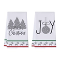 Lot de deux torchons de cuisine gaufrés blancs avec motifs festifs Merry Christmas et Joy - Sapin de Noël Joy à Pois (XHT017)
