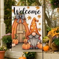 Double-sided fall garden flag featuring gnome pumpkin house and orange maple leaves - Gnome Bow Pumpkin House Welcome Style (FGF011)