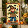Autumn harvest garden flag with scarecrow and pumpkin on double-sided linen - No Crows Allowed Scarecrow Style (FGF049)