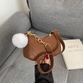 Brown suede hobo bag with quilted texture, gold chain and white fluffy pompom charm - Brown