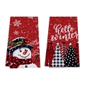 Two red waffle kitchen towels with snowman and tree designs for Christmas decoration - Red Background Snowman (XHT003)