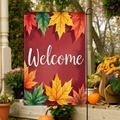 Autumn garden flag with deep red maple leaves and Welcome lettering for yard decor - Welcome Classic Maple Leaves Style (FGF051)