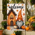 Double-sided fall garden flag with pumpkin house and autumn gnome welcome design - Gnome Pumpkin House Welcome Decor Style (FGF015)