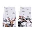 Christmas waffle kitchen towels featuring Joy reindeer and Snow snowman holiday patterns - White Reindeer and Snowman (XHT004)