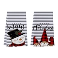 Holiday kitchen towels with snowmen and gnomes patterns on grey striped background - Striped Snowman and Gnomes (XHT005)