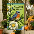 Welcome Friends garden flag with bluebird and white daisies on a green burlap fabric - Welcome Friends Bird Floral Style (FGF053)