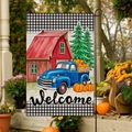 Fall garden flag featuring a blue truck with pumpkins and black white buffalo plaid border - Welcome Pumpkin Farm Truck Style (FGF054)