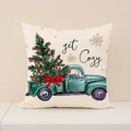 Housse de coussin de Noël avec camion vert et imprimé de sapin de Noël festif - Style Camion Arbre Douillet Beige (XP030-7)