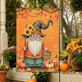 Vertical garden flag with gnome and pumpkin design for autumn harvest yard decoration - Autumn Wizard Hat Gnome Style (FGF056)