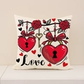 Square Valentine's Day pillow case with red hearts, key, and Love print on beige fabric - 45x45cm / Red Rose Heart Lock Style (VP016-1)