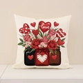 Valentine cushion cover with love balloon and red rose illustration on beige canvas - 45x45cm / Mason Jar Rose Flowers Style (VP016-3)