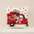 Square Valentine's cushion cover featuring a vintage red truck with heart prints - Red Retro Truck Carrying Hearts Style (VP007-4)