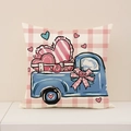 Rosa karierter Kissenbezug mit blauem LKW voller Herzen und Rosen für Valentinstag - Blauer LKW Herz Gingham Stil (VP013-4) / 45x45cm(Nur Bezug)