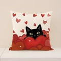 Katzen-Kissenbezug mit roten Herzen, quadratischer Deko-Kissenbezug aus Baumwoll-Leinen - Hervorguckende Schwarze Katze Unten Stil (VP012-3) / 45x45cm(Nur Bezug)