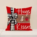 Red Valentine pillow case with white polka dots, black plaid bow, and Hugs & Kisses print - 45x45cm / Red White Polka Dot Hugs Kisses Style (VP016-4)