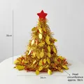 Golden shimmering Christmas tree hat with red star decoration and size annotations - Gold Plain Style
