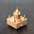 Taj Mahal themed wooden music box with golden domes and a miniature jeep on a wood base - Taj Mahal (1511)