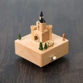 Castle-themed wooden music box with miniature trees and clockwork mechanism - Castle (1510)