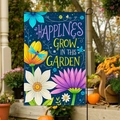 Blue garden flag with flowers, dragonfly, and Happiness Grow in this Garden text - Dark Blue Floral Dragonfly Garden Style (FGF026)