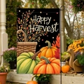 Double-sided Happy Harvest garden flag with pumpkin and basket print for autumn decor - Three Pumpkins Woven Basket Happy Harvest Style (FGF027)