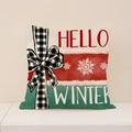 Linen Christmas pillow cover with Hello Winter text, plaid bow, and snowflake patterns - 45x45cm(Case Only) / Red Green Color Block HelloWinter Style (XP032-2)