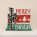 Linen Christmas pillow case featuring Merry and Bright print with festive buffalo plaid bow - 45x45cm(Case Only) / Three Color Patchwork MerryBright Style (XP032-3)