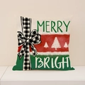 Christmas snowman pillowcase with plaid bow and Merry Bright text on linen fabric - 45x45cm(Case Only) / Vertical Striped MerryBright Style (XP032-6)