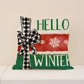 Hello Winter snowman pillow case featuring red and green panels with a buffalo plaid bow - 45x45cm(Case Only) / Red Green Split HelloWinter Style (XP032-7)