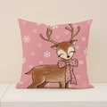 Pink decorative Christmas pillow cover featuring a cute reindeer with snowflakes - 45x45cm(Case Only) / Pink Background Cartoon Reindeer Style (XP032-9)