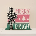 Linen Christmas snowman pillowcase with buffalo plaid bow and Merry & Bright print - 45x45cm(Case Only) / Pink Patchwork MerryBright Style (XP032-10)