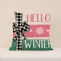 Linen Christmas pillowcase with black and white bow and HELLO WINTER snowman theme design - 45x45cm(Case Only) / Pink Patchwork HelloWinter Style (XP032-11)
