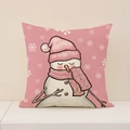 Winter snowman pillow case in pink with white snowflake patterns and soft linen texture - 45x45cm(Case Only) / Pink Background Cartoon Snowman Style (XP032-12)