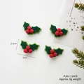 Christmas felt holly leaves with red berries, 4pcs set for tree decoration, 4x2.5cm - Two-leaf Holly