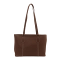 Brown leather tote bag with contrast white stitching and gold buckles for women - Dark Brown