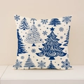 Christmas pillowcase featuring blue snowflake and tree prints on beige linen fabric - 45x45cm / Dark Blue Style Tree (XP031-14)
