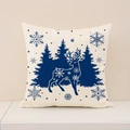 Cream linen Christmas pillowcase featuring a dark blue reindeer and snowflake forest print - 45x45cm / Dark Blue Reindeer Forest (XP031-15)