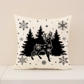Linen Christmas cushion cover featuring black reindeer and pine tree forest print - 45x45cm / Black and White Nordic Reindeer (XP031-17)