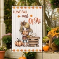 Bandiera da giardino autunnale con bimba e zucca e testo decorativo I Love Fall - 30x45cm / Modello di Ragazzina Cartone Animato (FGF057)