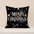 Black Christmas pillow cover with white Merry Christmas lettering and festive patterns - 45x45cm / Black White Holiday Greetings (XP031-18)