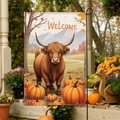 Bandiera da giardino verticale con mucca Highland e zucche per decorazione di benvenuto autunnale - 30x45cm / Mucca Highland con Zucche (FGF058)