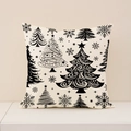 Square beige linen pillowcase featuring black Christmas trees and snowflake prints - 45x45cm / Cream Black Style Tree (XP031-20)